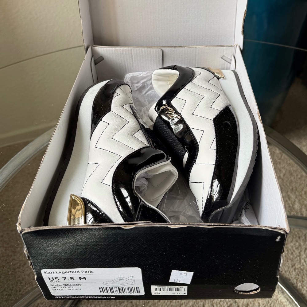 KARL LAGERFELD PARIS Melody Black \&White Claf & Patent Leather Sneakers = US7.5